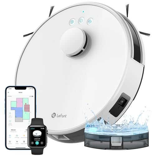 Lefant M1 Robot Aspirateur Laveur 3 en 1 5500Pa, Navigation LiDAR avec Cartographie Multi-étage, Zones Virtuelles, Commande Alexa/APP/WiFi, Idéal pour Poils d’Animaux, Tapis et Sols Durs, Blanc