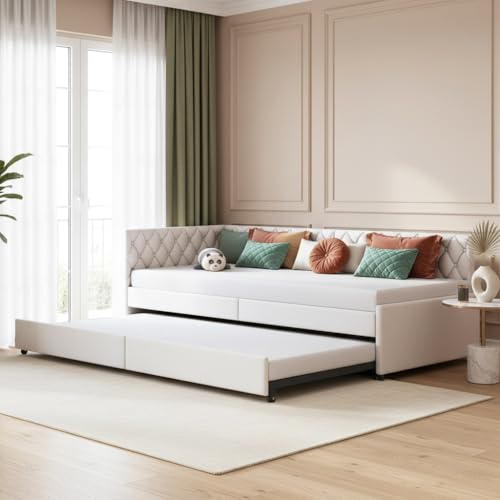 FCSQIU Bäddsoffa konvertibel till 2 platser 90/180 x 200 cm, stoppad bäddsoffa med slatsram, stoppad säng för lägenhet, vardagsrum, bäddsoffa