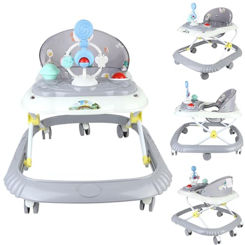 homewell Passeggino per primi passi con musica e tavola da gioco rimovibile, carrello per bambini, regolabile in altezza in 4 posizioni, pieghevole a partire da 6 mesi (grigio)