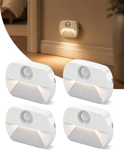 Luz nocturna LED con detector de movimiento, 4 unidades de luz de movimiento para niños, funciona con pilas, iluminación interior para escaleras, luz de sensor de encendido/apagado para pasillo