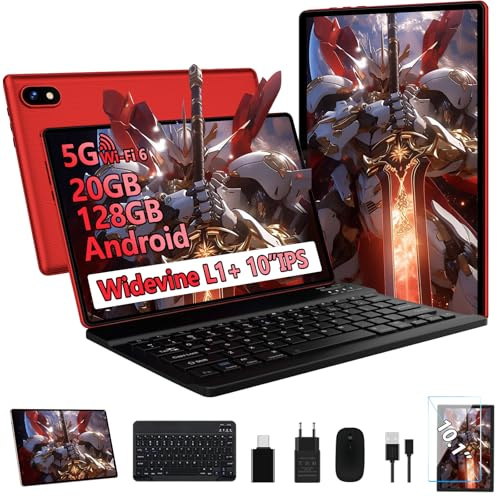 Tablet 10 Pollici Android con 20GB RAM + 128GB ROM (TF/2TB), 5G WiFi 6, Octa-Core, GMS, Bluetooth 5.0, 5MP + 8MP, 1280 * 800 FHD IPS, Widevine L1, 2025 Newest Tablet 2 in 1 con Tastiera e Mouse - Red