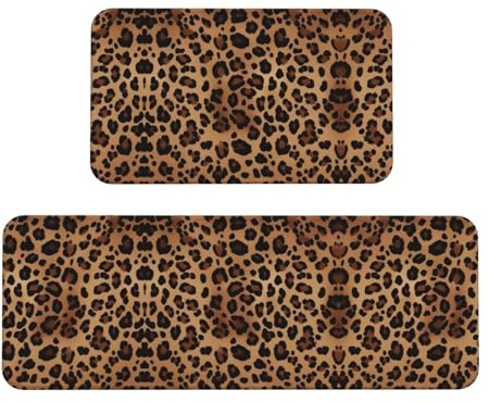 Leopard Print Kitchen Rugs Set of 2, Cushioned Anti-Fatigue Kitchen Mats for Floor, Waterproof Comfort Standing Mat Absorbent Velvet Kitchen Runner Rugs 17x30+17x47