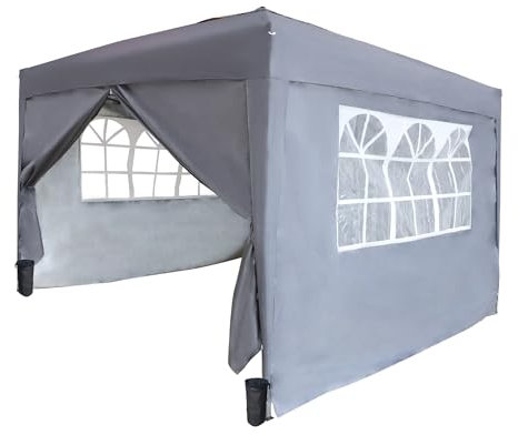 BIRCHTREE Pop Up Gazebo with Sides, 3m x 3m Waterproof with 2 Free Weather Support Beams 4 Gazebo Weight Bags. Garden Canopy Outdoor, Party Tent, 260g Polyester Powder Coated Steel Frame. Grey