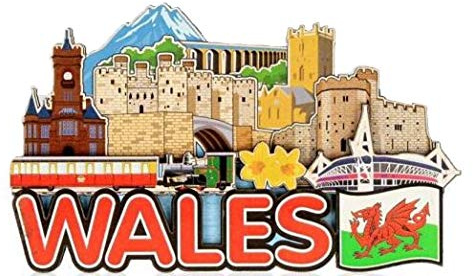 Magnete da frigorifero con skyline del Galles, drago rosso gallese, collage, castello, Snowdon, narcisi