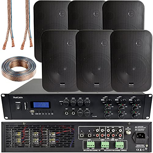 Loops 1200W Multi Zone Bluetooth Sound System | 6 Channel HiFi Matrix Amplifier Amp Kit | 6x 200W Black Wall Mount Speakers | Powerful Loud Wireless Music Streaming