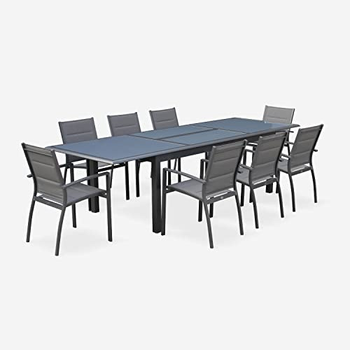 sweeek Alice's Garden - Table de Jardin Extensible Aluminium + 8 assises Gris Anthracite - Table en Aluminium 200/300cm. Plateau de Verre. rallonge et 8 fauteuils en textilène