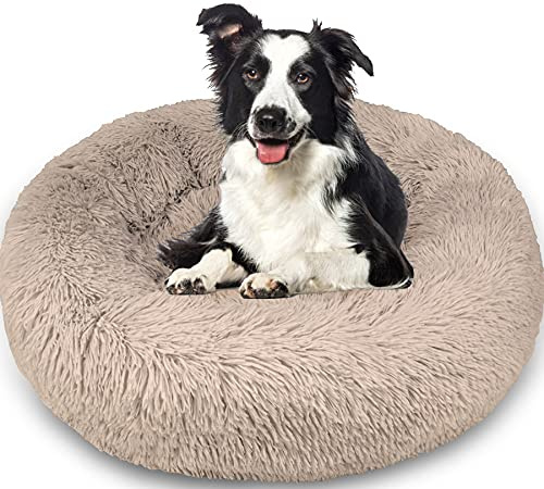 Enjamoy Dog Bed Donut Large Calming Pet Bed, Brown 80cm | Round Pet Cushion for Medium Dog, Long Plush Reduce Anxiety, Non Skid Bottom, Machine Washable