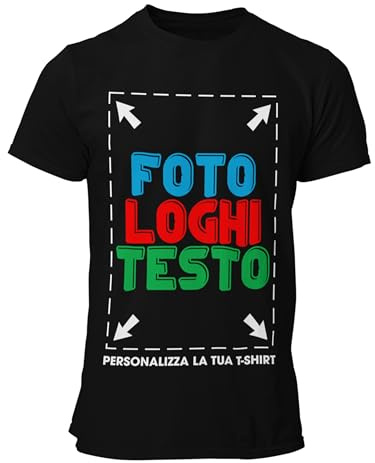 fashwork Maglietta Personalizzata Uomo Donna, T-Shirt Personalizzabile con Stampa Foto, Scritta o Logo Fronte Retro, Maglia Manica Corta in 100% Cotone per Regali Personalizzati Nera Taglia L