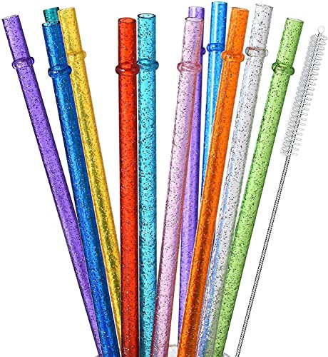 ALINK 12-Pack Glitter Reusable Thick Plastic Straws, 11 Long Hard Tumbler Drinking Straws with Cleaning Brush