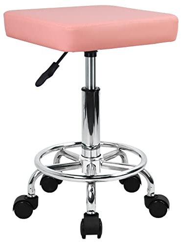 KKTONER Taburete con Ruedas Cuadrado Cuero de PU Altura Ajustable Giratorio Masaje SPA Taburetes de salón Silla de Trabajo con Ruedas Color (Rosa)