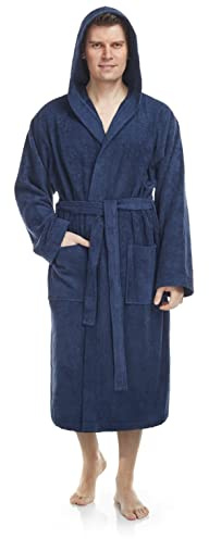 Arus Peignoir de Bain homme, à capuche, Longueur mollet, en éponge, doux et léger,100% Coton, bleu marine, taille homme: L, taille unisexe: L-XL
