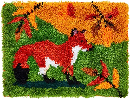 ROCKY&CHAO Latch Hook Kit for Adults & Kids Complete DIY Rug Making Craft Kits with Yarn & Canvas and Crochet Needle, Adult Craft Kits for Women, Relaxing Home Art Project - Red Fox 50x38cm