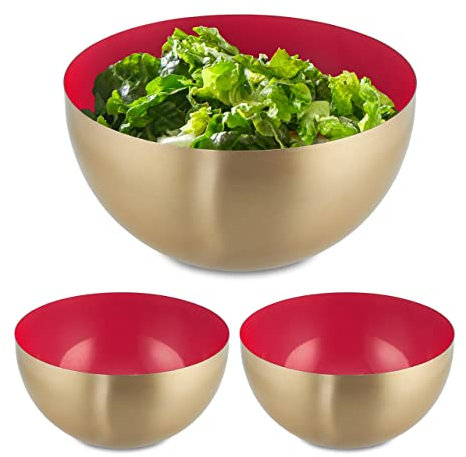 Relaxdays 3X Ciotole da Insalata, Acciaio Inox, 2 Litri, Insalatiera da Ø 20 cm, Scodella Portafrutta da Cucina, Rosso Oro