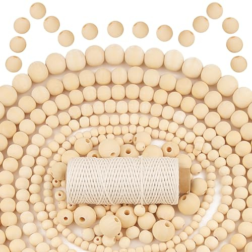 MiuCo 1200Pcs Wooden Beads for Crafting, Natural Wooden Beads 6 Size (8/10/12/14/16/20mm) with 50M Cotton for Macrame Christmas Crafts DIY Garlan Home Decorations