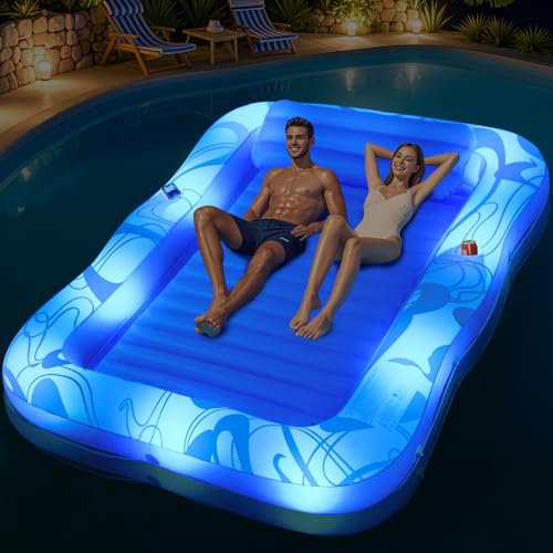 DeeprBetter Matelas Gonflable Piscine, Solaire Bouée Matelas Piscine Adulte avec Lumière à Couleur, 200 * 150CM Grand Matelas de Bronzage avec Oreiller Gonflable & Porte-Boisson, Piscine Bronzage