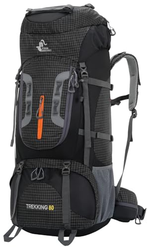 Bseash 80L Wasserdichter Wanderrucksack mit Regenschutz, leichter Outdoor-Sport, Reisen, Tagesrucksack für Klettern, Touren (Schwarz)