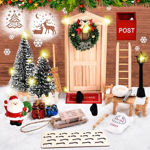 FORMIZON Wichteltür Set, Holz Miniatur Weihnachtswichtel Tür Zubehör Set, 27 Stück Wichtelhaus Weihnachtsdeko, Wichteltür Zubehör Komplettset, DIY-Dekoration für Feentür Weihnachtsdeko