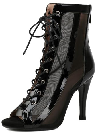 Ceciloroda Women Heeled Burju Dance Shoes Peep Toe Mesh Booties Stiletto Heels Gladiator Sandals Comfy Dressy Sandals Ballrrom Lace Up Black Size 39