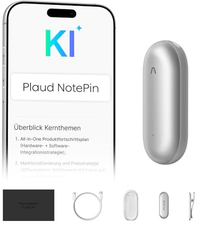 Plaud NotePin Grabadora de Voz con IA, Control por App para Tomar Notas, transcripción y Resumen con IA, soporta 112 Idiomas, 64 GB, grabadora de Audio para conferencias, reuniones, Teams, Plata Lunar