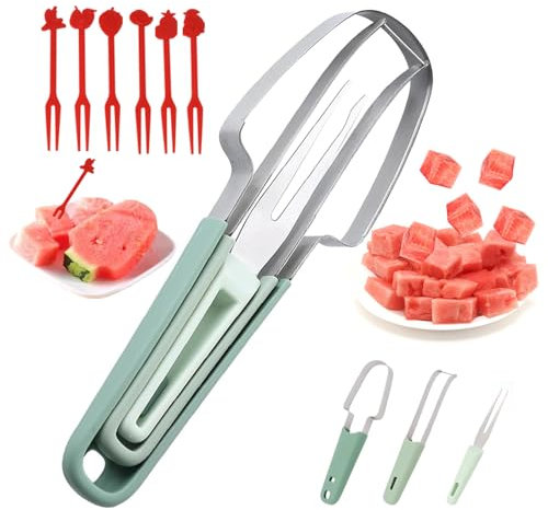 DTXYBC Tagliafrutta 3 in 1 in Acciaio Inossidabile, Taglia-Melone Multifunzione con 6 Forchetta da Frutta, Taglia-Melone 3 in 1, Taglia Cocomero in Acciaio Inossidabile, per Tagliare L'Anguria