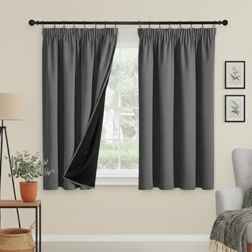 PONY DANCE 100% Blackout Thermal Insulated Curtains, 46x54 Inch, Grey | Pencil Pleat Rod Pocket Curtains for Bedroom and Living Room, 2 Panels, Noise Reduction, Light Blocking & Privacy Drapes