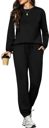 Aottori Tuta Sportiva Donna Completa Due Pezzi Casual Tuta da Ginnastica Elegante Felpa Manica Lunga e Pantaloni con Tasche e Coulisse Pigiama Set per Casa Fitness Nero XXL