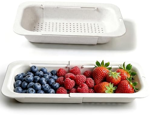 Over the Sink Colander Strainer Basket, Extendable Colander and Strainer for Kitchen, Wash Vegetables and Fruits, Drain Pasta and Dry Dishes, Adjustable Colander from 13.5In to 18.7In, White