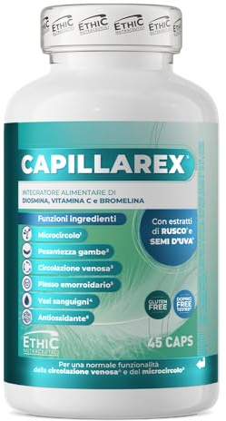 Capillarex Ethic Nutraceutici – con Diosmina, Vitamina C, Bromelina, Rusco e Semi d’Uva – Microcircolo, circolazione venosa, plesso emorroidario e gambe gonfie e pesanti – 45 capsule vegetali