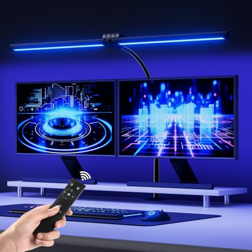 vatato Doppelkopf LED Schreibtischlampe mit RGB,24W Dimmbar Schreibtischleuchte mit Fernbedienungen, Klemmbar Tageslichtlampe mit Stufenlose Dimmung&Farb,Büro Tischlampe für Home&office (Schwarz)