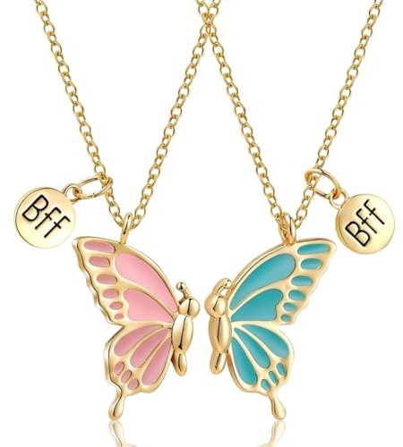 XENQITO 2 Pezzi Collane con Ciondolo dell'Amicizia, Collana BFF, Collana dell'Amicizia del Farfalla Carino per Ragazzi e Ragazze, Regalo di Compleanno(Oro)