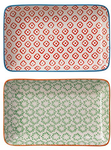 Bloomingville Servierplatten Emma Retro kleine Servier-Teller eckig Vintage rechteckige L 19 x W 12 cm, rot grün, Keramik, 2er Set