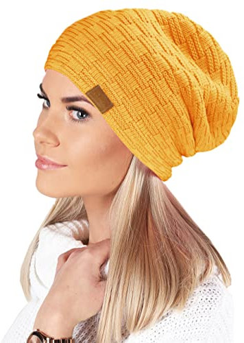 Mikos * Damen Frauen Herren Mütze Winter Strickmütze Wintermütze Gefütterte Beanie Unisex (654) (-Curry)