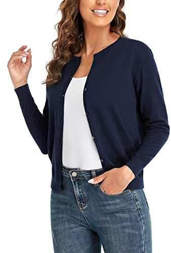 CUNYI Women’s Cardigan Long Sleeve Sweater Lightweight Classic Crew Neck Ladies Coat with Buttons Casual Open Front Elegant Outerwear, Navy Blue L