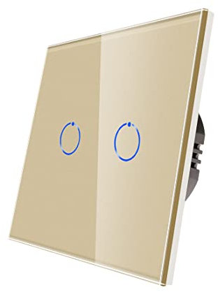 CNBINGO Interrupteur variateur pour lampes LED - Interrupteur tactile encastré - Double interrupteur doré - Interrupteur mural avec panneau en verre et LED d'état