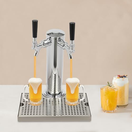 LOYEMAADE Acero inoxidable cerveza grifo surtidor,columna redonda doble grifo dispensador de bebidas con bandeja de goteo extraíble de acero inoxidable