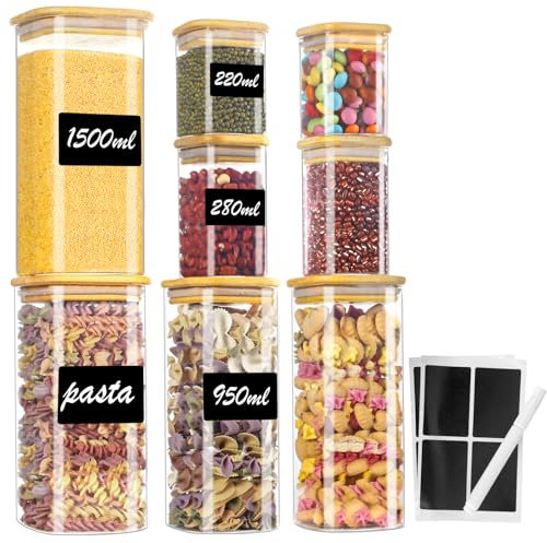 Withosent 8er Vorratsgläser mit Deckel Eckig, 1500ml/ 950ml/ 280ml/ 220ml Vorratsdosen Glas mit Holzdeckel, Gewürzgläser Set Glasbehälter, Aufbewahrungsgläser Küche für Gewürze, Cornflakes