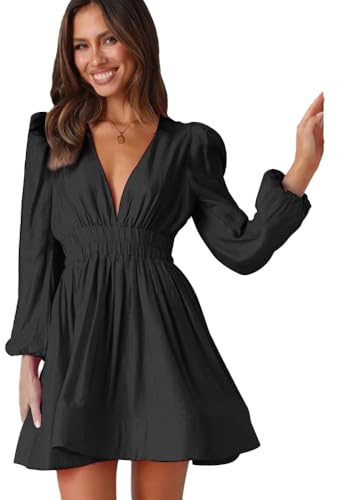 FDEETY Robe Femme Courte Sexy Moulante à Manches Longues Col en V Robe Ligne A pour Mariage Cocktail Casual Party Soirée (Noir,M)