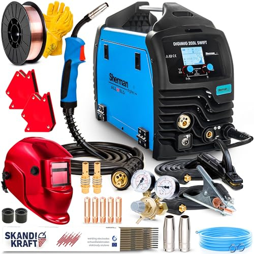 Sherman DIGIMIG 203L Swift - Soldador Inverter Profesional con Gas 200 A - Máquina de Soldar con Inductancia, Soldadura por Puntos, ATC - Soldadura: MIG/MAG, MMA, TIG - Tecnología IGBT - Set Premium
