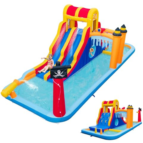 LIFEZEAL Castillo Hinchable, Parque acuático con 2 toboganes, Pared de Escalada, Estanque, Parque Hinchable con Zona de Salto para niños a Partir de 3 años, para Interior y Exterior (sin soplador)