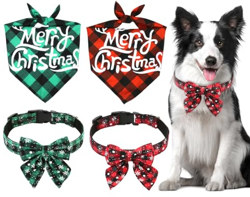 2 PCS Noeud Papillon et 2 PCS Bandana Noël pour Chien, Foulard Triangle, Accessoire et Cadeau de Noël