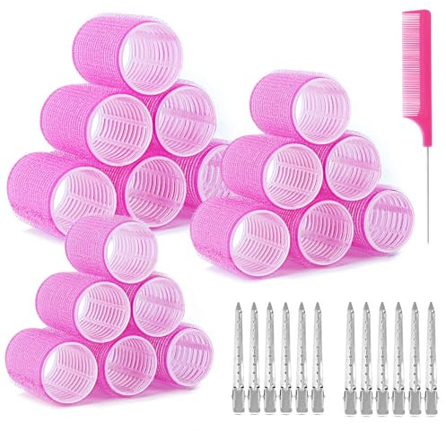 Romon Lockenwickler Locken Set, 31 Stück Rosa Lockenwickler Set, Selbsthaftend Hair Rollers 40mm 30mm 20mm mit 12 Stücke Haarspangen Groß Hitzefreie Haarwickler für Lange Medoum und Kurze Haare