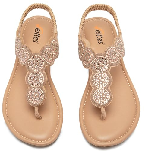 Veittes Women's Bohemian Bling Flat Slide Sandals - Casual Summer Thong Sandals with Rhinestone Decor, Rubber Sole, Lightweight & Comfortable Ankle StrapThong Summer Sandals.(2307004,GD/MF,8.5)