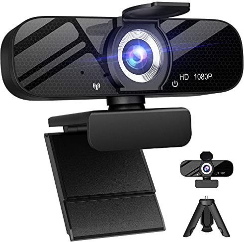 Tewiky Full HD 1080P Webcam with Microphone, Wide Angle, Rotatable Tripod, Privacy Cover