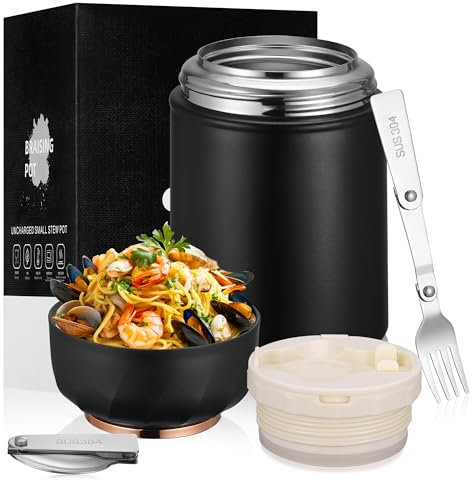 TranRantic Thermobehälter für Essen, 500 ml Edelstahl Warmhaltebehälter, Thermobecher, Thermo Essensbehälter mit Löffe＆Gabel, Auslaufsiche Thermoskanne für Essen, Lunchbox Thermo für Speisen (Schwarz)