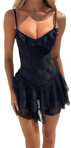 Fiacafyo Women Sexy Lace Corset Mini Dress Y2K Spaghetti Strap Sleeveless Tiered Ruffle Hem Bodycon Mini Dress Party Clubwear (A-Black, S)