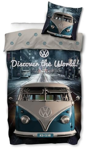 SkyBrands VW Bulli Wende-Bettwäsche-Set 135x200 80x80 Baumwolle Bettzeug Bus T1 Volkswagen