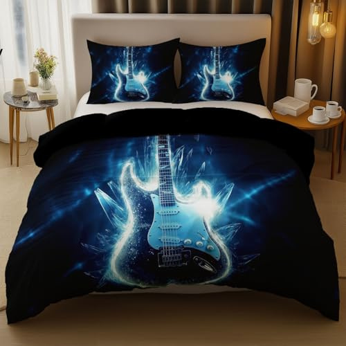 Set Copripiumino in Microfibra 200 x 200 cm con 2 Federe 50 x 75 cm, Reversibile Biancheria da Letto Estiva Moderno Moda Musica Chitarra Tema per Adolescenti e Adulti, Nero