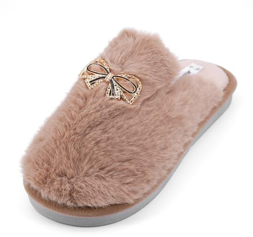 JOMIX Pantofole Donna Invernali Peluche Ciabatte Pelose Calde Decorato con Fiocco Strass Morbide e Comode per Inverno Suola Antiscivolo in PVC Leggero WIS255211 Camello 38/39
