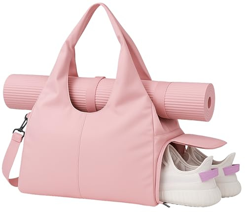 Gym Bag Womens, with Yoga Mat Storage Sports Travel Duffel Bag with Shoes Compartment, Waterproof Sports Swimming Gear Bag and Hiking with Shoulder Strap (Pink)