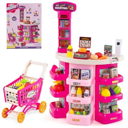 COSTWAY Kids Supermarket Playset, 76 PCS Pretend Play Grocery Store with Shopping Cart, Light, Sound, Play Food Accessories, Toddler Play Shop for 3+ Years Old (Pink)